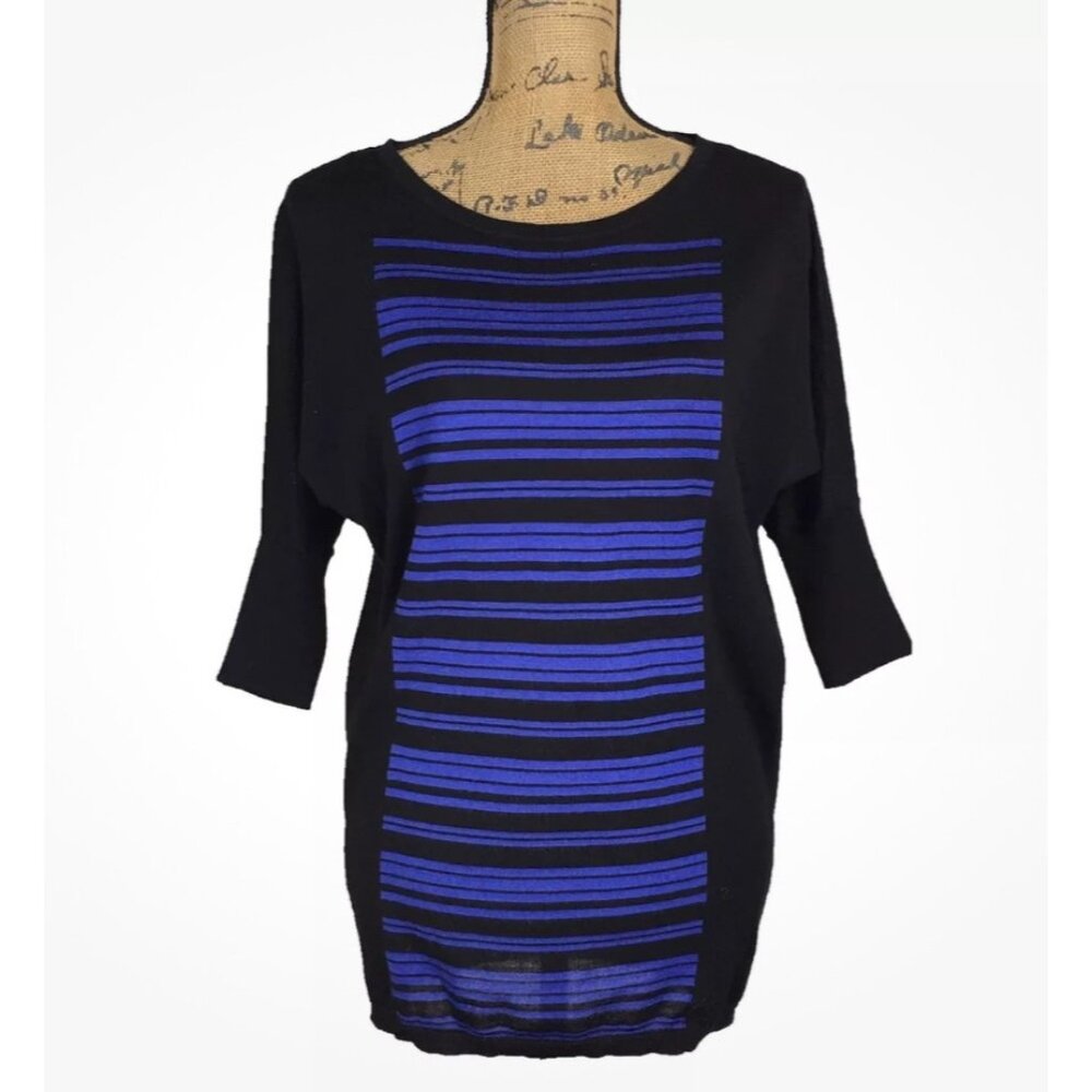 NEW ANN TAYLOR SWEATER S BLACK ROYAL BLUE COLORBLOCK STRIPE SLOUCHY TUNIC WOOL